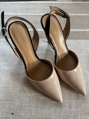 Express Patent Nude and Black Pointed-Toe Slingback Heels